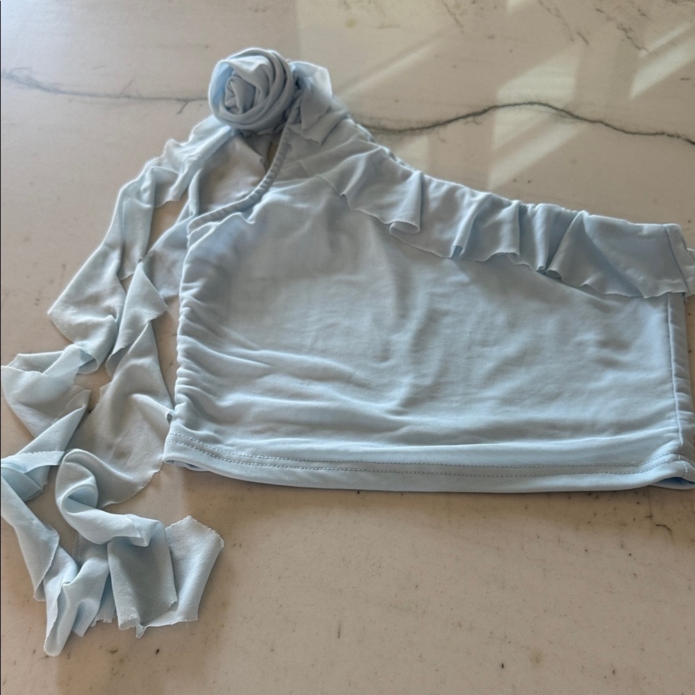 American Threads Light Blue One-Shoulder Ruffle Crop Top